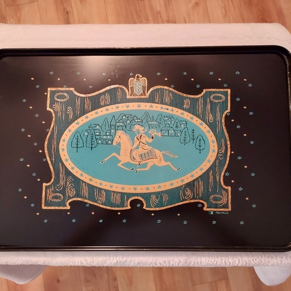 VTG 20" x 13" Black Metal Serving Tray w/ Artist Ned Harris's Paul Revere's Ride - Picture 1 of 7